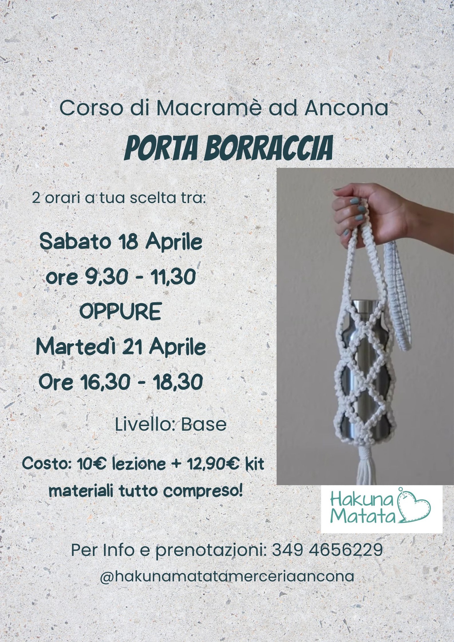 corso di Macramè ad Ancona: porta borraccia! Hakuna Matata Merceria Ancona