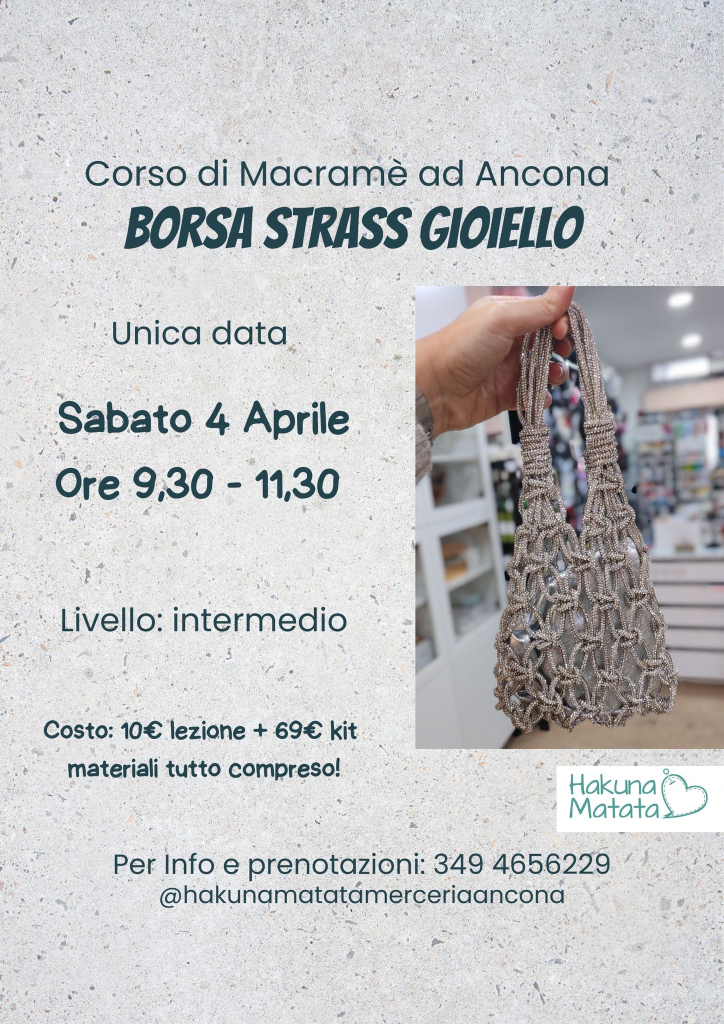 corso speciale macramè ad Ancona: borsa gioiello strass! Hakuna Matata Ancona